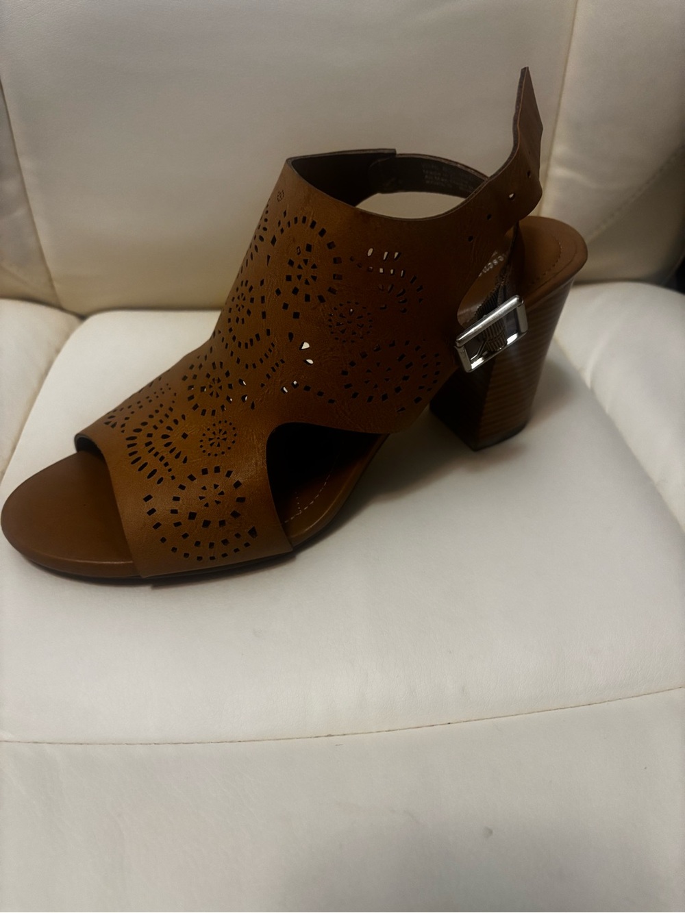 Women's Tan Perforated Block Heel Sandal with Buckle